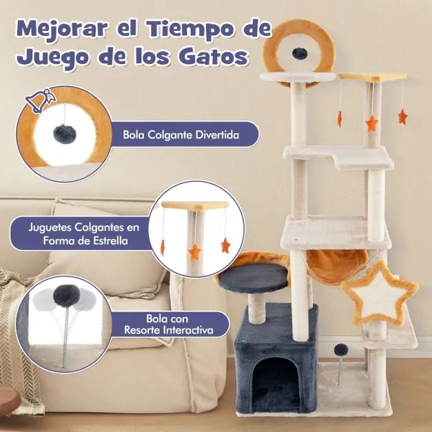 Arranhador para gatos grande 61 x 41 x 160 cm alto com brinquedos, rede e base estável para vários gatos bege