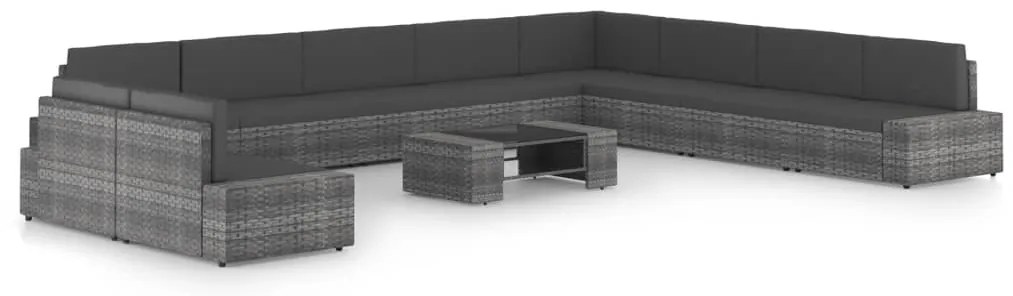 11 pcs conjunto lounge de jardim c/ almofadões vime PE cinzento