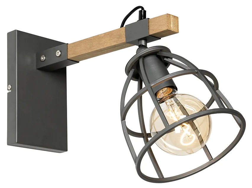 Candeeiro de parede industrial cinzento escuro com madeira ajustável - Arthur Industrial