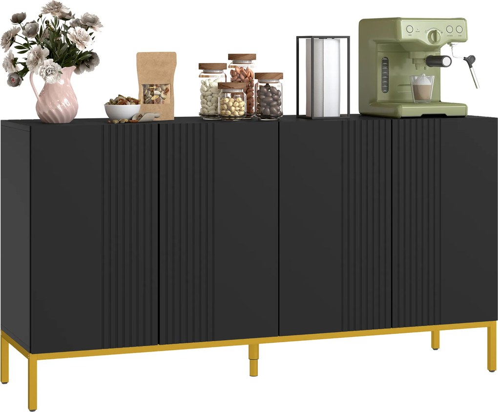 Aparador de design contemporâneo com padrão gráfico 140 x 40 x 75 cm, 2 armários e prateleiras ajustáveis, em madeira preta e metal dourado