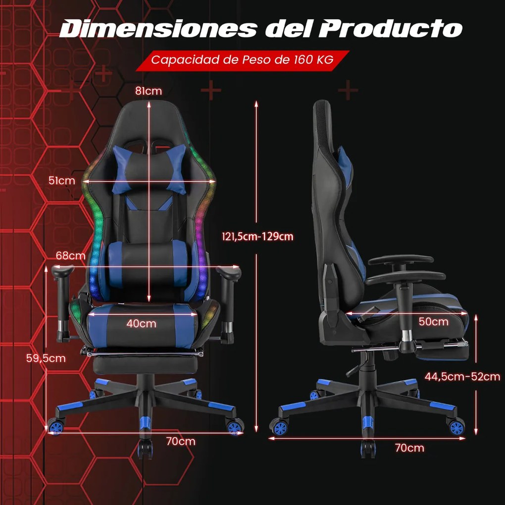 Cadeira Gamer com luzes LED RGB giratória ergonômica com apoio de braço de altura ajustável Suporte de mesa retrátil Azul