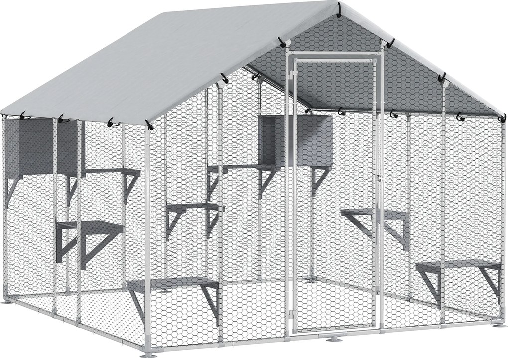 PawHut Gaiola Grande para Gatos Exterior com 2 Casinhas 7 Plataformas para Saltar Cobertura Impermeável e Anti-UV 240x193x195 cm Prata | Aosom Portugal