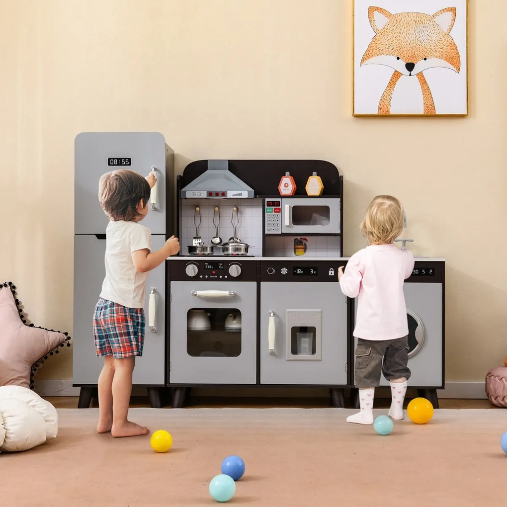 Cozinha infantil 120 x 30 x 90 cm com acessórios 3 em 1 Cozinha de madeira para crianças com frigorífico e máquina de lavar roupa cor Castanho