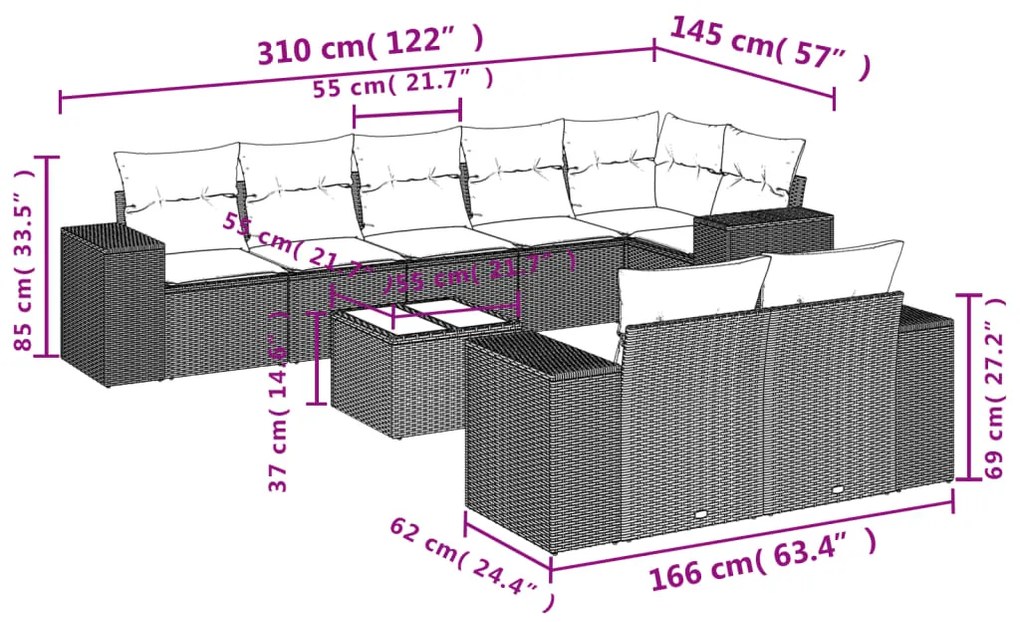 9 pcs conjunto sofás p/ jardim c/ almofadões vime PE castanho