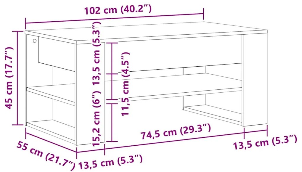 Mesa de Centro vidaXL em Madeira Velha 102x55x45 cm de Madeira de Enge