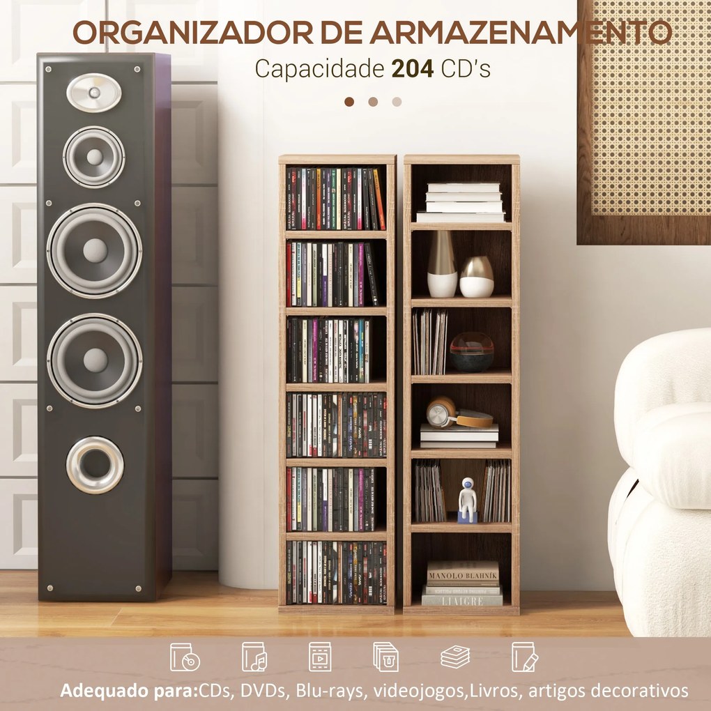 Estante para CD ou DVD com 12 Compartimentos para 204 CDs e Prateleira Ajustável 2 Unidades 21x22,5x88,5 cm Madeira