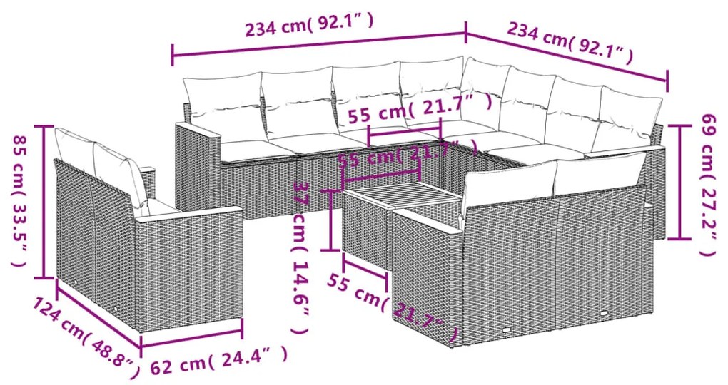 12 pcs conjunto de sofás de jardim c/ almofadões vime PE preto