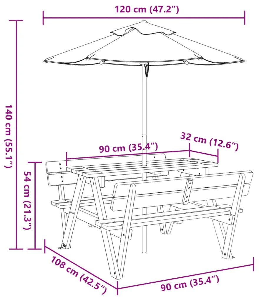 Mesa de piquenique para 4 crianças com guarda-sol abeto maciço