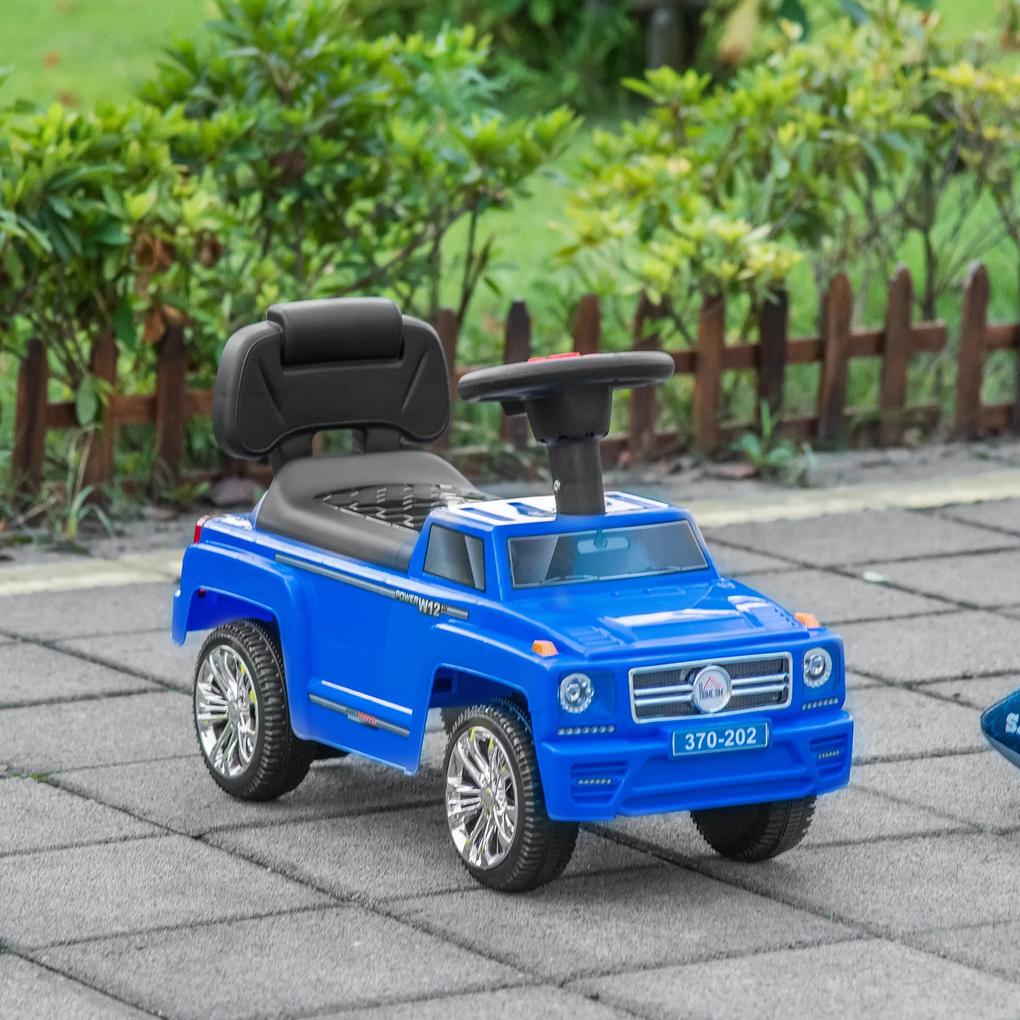 HOMCOM Carro Andador para Bebé de 18-36 Meses Carro sem Pedais com Faróis Música Buzina Compartimento de Armazenamento e Encosto Alto 68x30,5x41,5cm Azul