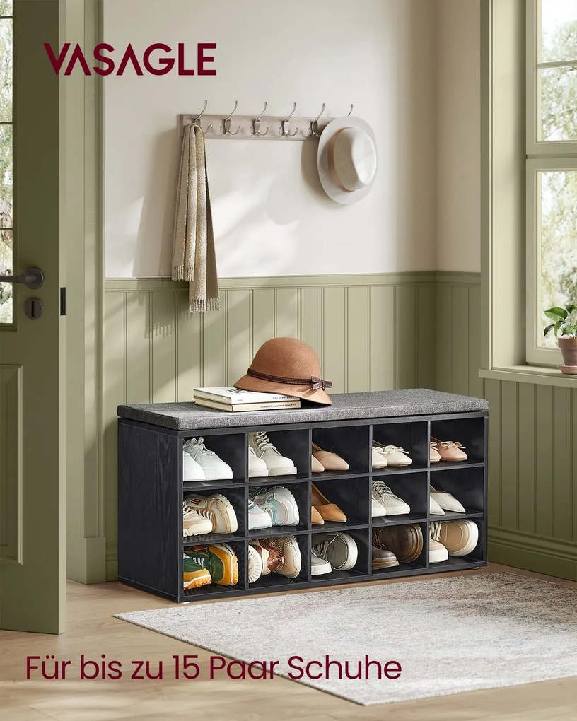 Banco sapateira para sapatos 30 x 105 x 48 cm com almofada e 15 compartimentos em preto-cinza ardósia