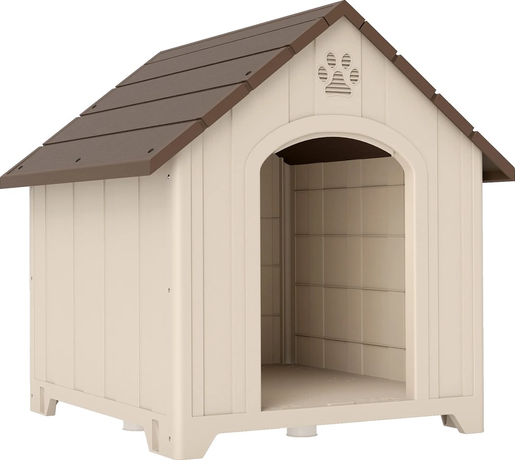 Casota para Cães de Exterior Casa para Cães Grandes de Plástico com 2 Janelas Base Elevada Estacas Bege