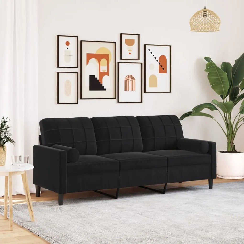 Sofá 3 lugares c/ almofadas decorativas 180 cm veludo preto