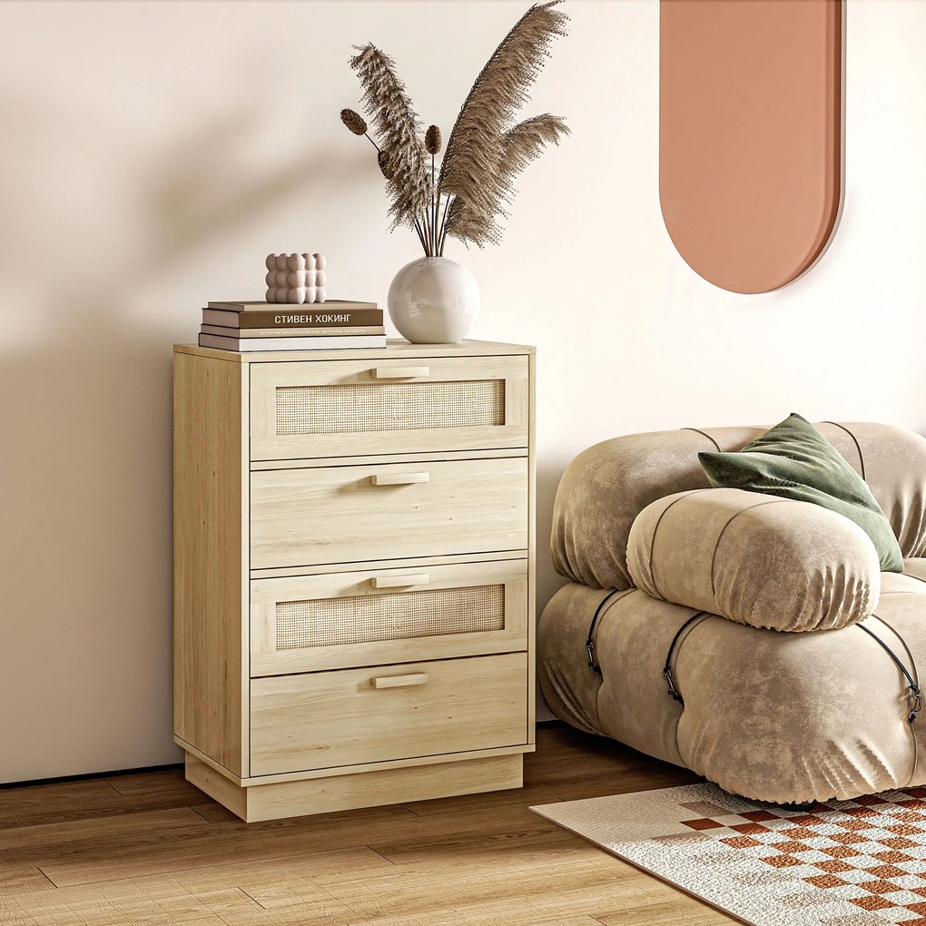 HOMCOM Cómoda com 4 Gavetas de Vime Cómoda de Madeira para Dormitório Sala de Estar Estilo Boêmio 60x38x88,5 cm Madeira