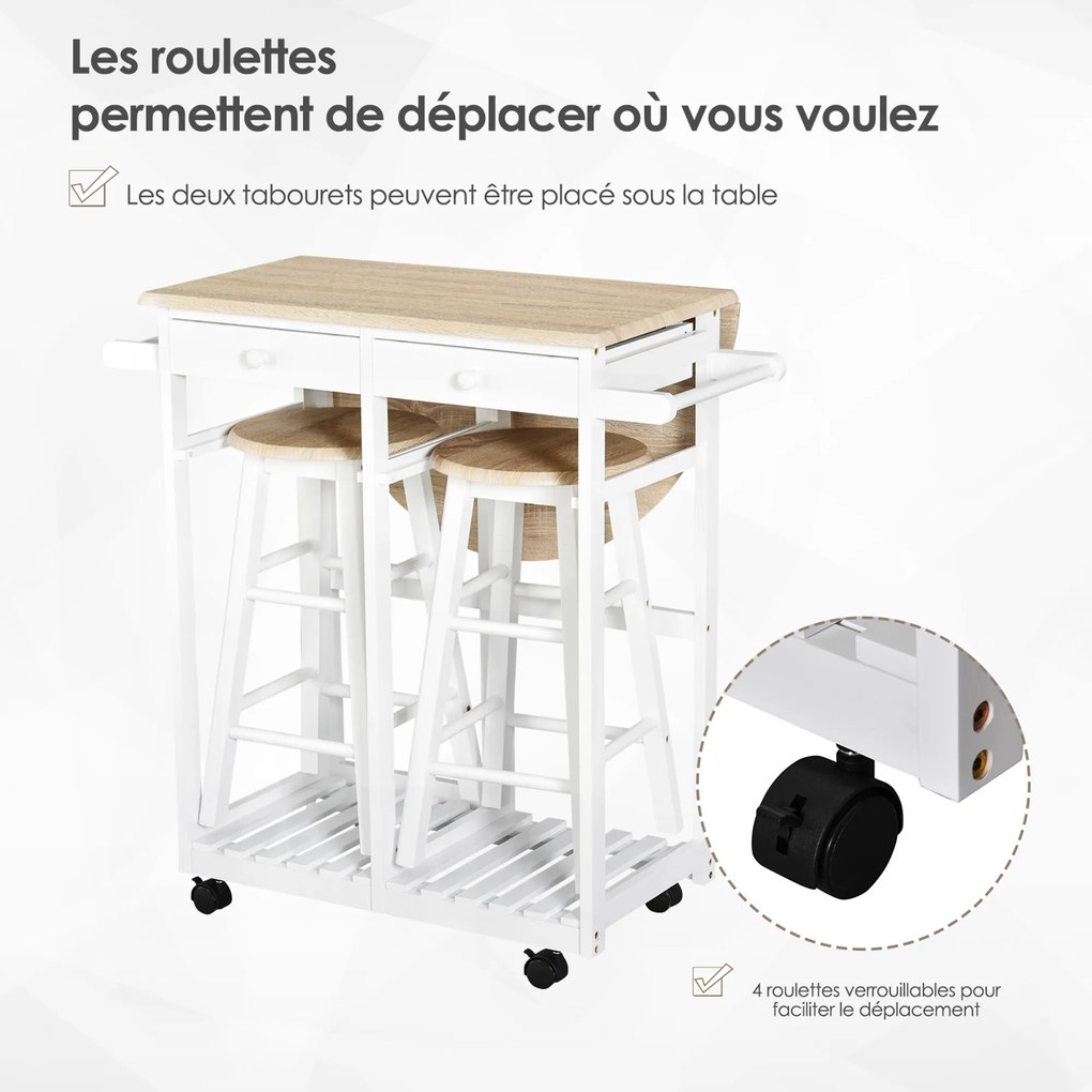 Conjunto de Mesa de Bar Dobrável com 2 Bancos, 83 x 74 x 83 cm, Com Rodas, Branco e Carvalho Claro