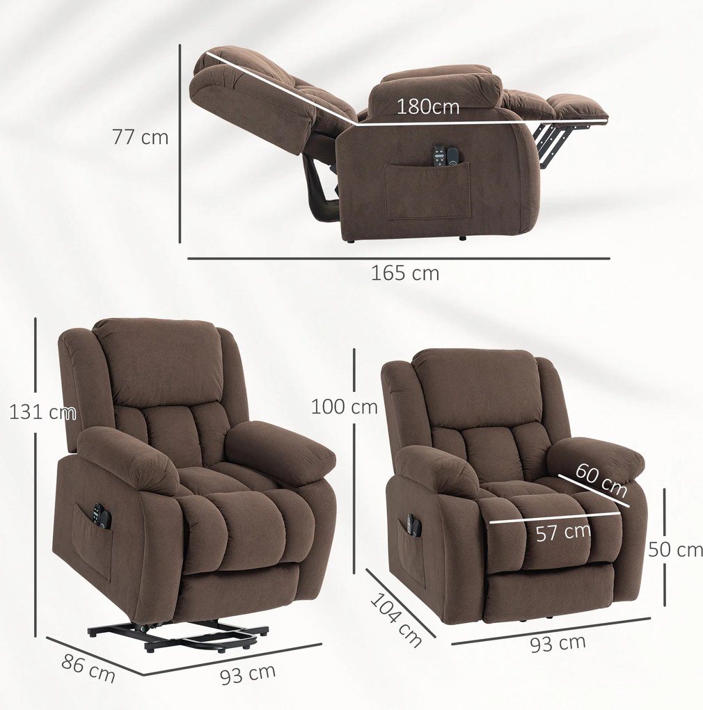 Poltrona elevatória elétrica, poltrona relaxante elétrica com função de massagem e aquecimento, 93 x 104 x 100 cm, castanho