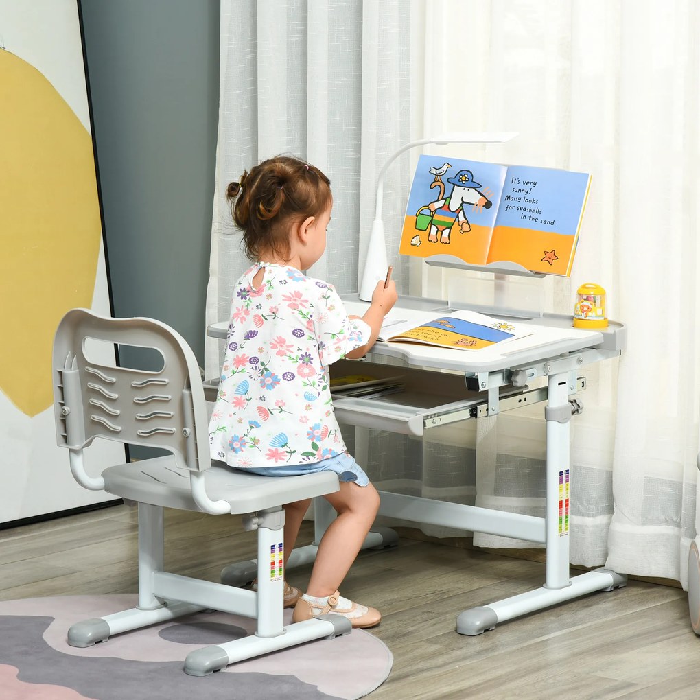 Conjunto de Secretária e Mesa para Crianças acima de 6 Anos com Altura Ajustável Mesa Inclinável e Lâmpada Cinza