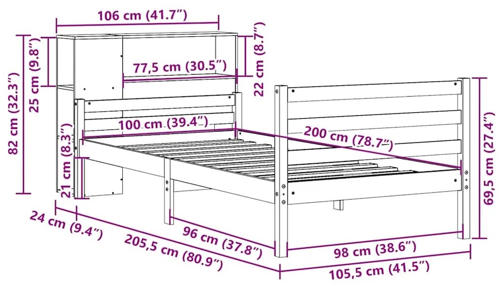Cama com estante sem colchão 100x200 cm pinho maciço