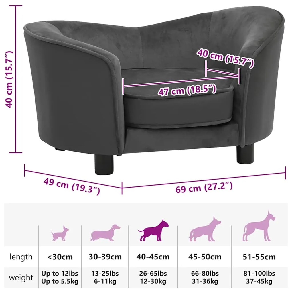 Sofá para cães 69x49x40cm pelúcia/couro artificial cinza-escuro