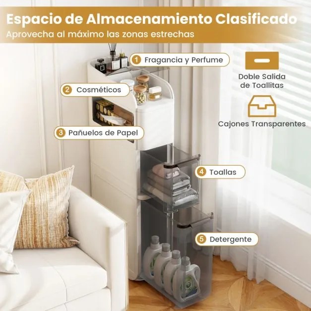 Armário de casa de banho em plástico com 4 prateleiras 43 x 18 x 88 cm, organizador de base estreita de 18 cm, com 2 gavetas e caixa para lenços, bran