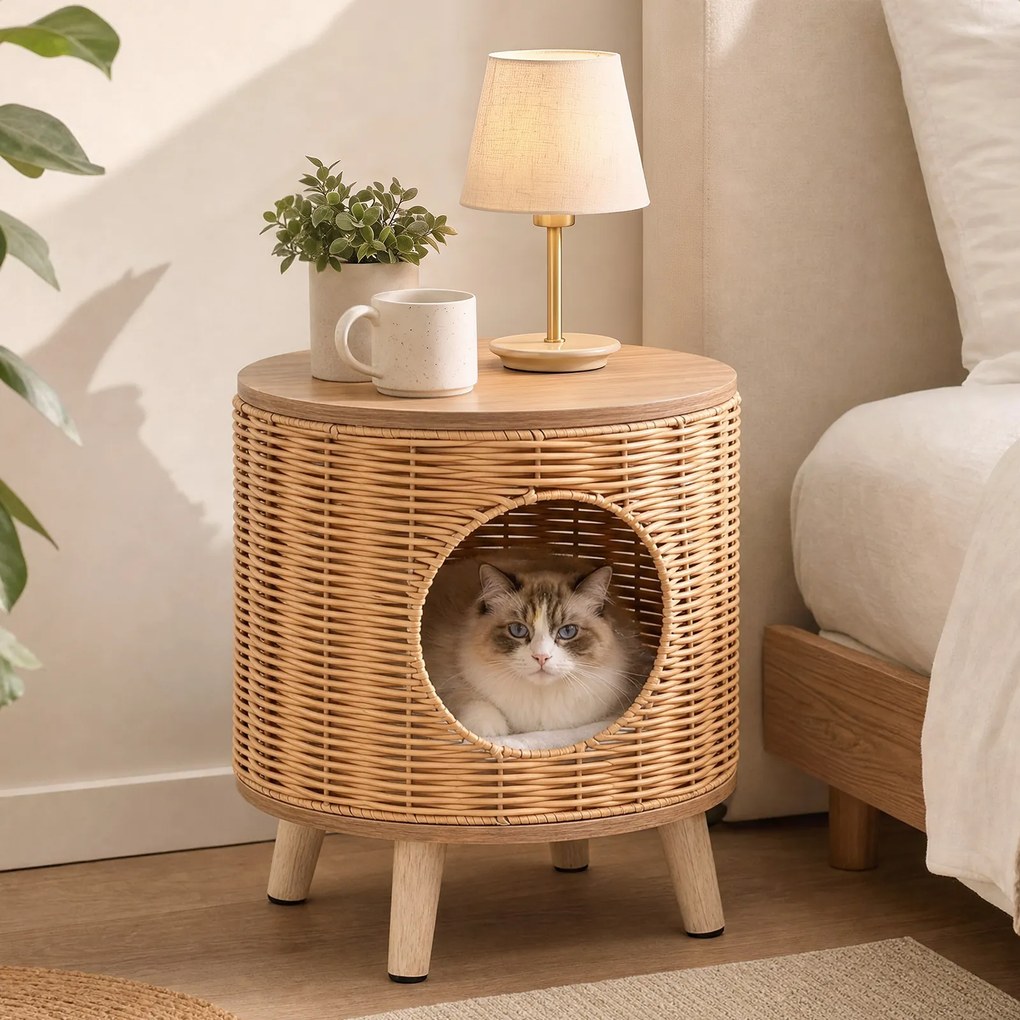 Casa para Gatos, 36 x 36 x 41 cm, Mesa de Apoio e Cama, Natural