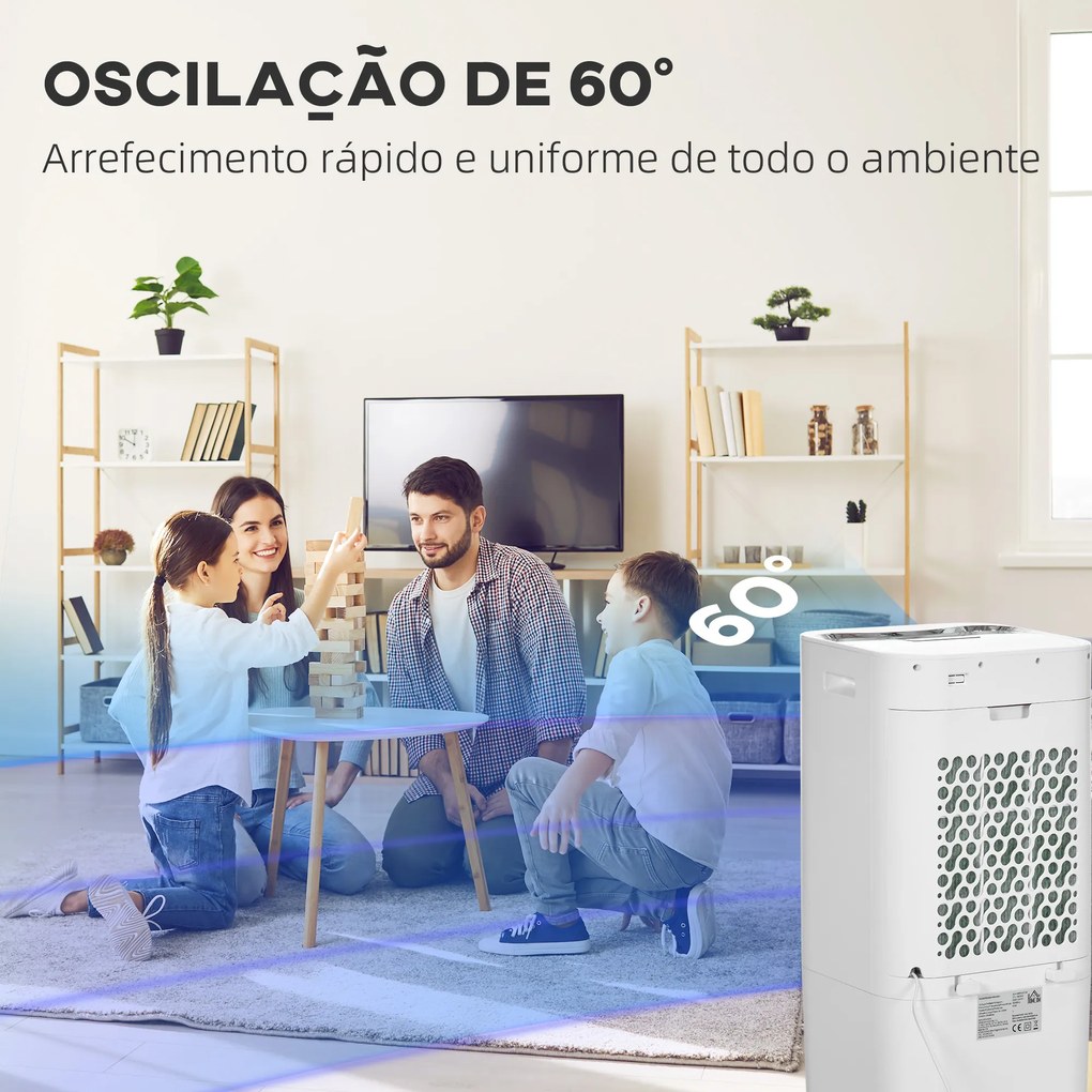 HOMCOM Climatizador de Ar Portátil Silencioso Climatizador Móvel 65W Humidificador Ventoinha com Ecrã LED Controlo Remoto Temporizador Oscilação 3 Velocidades 3 Modos 32x37x74 cm Branco