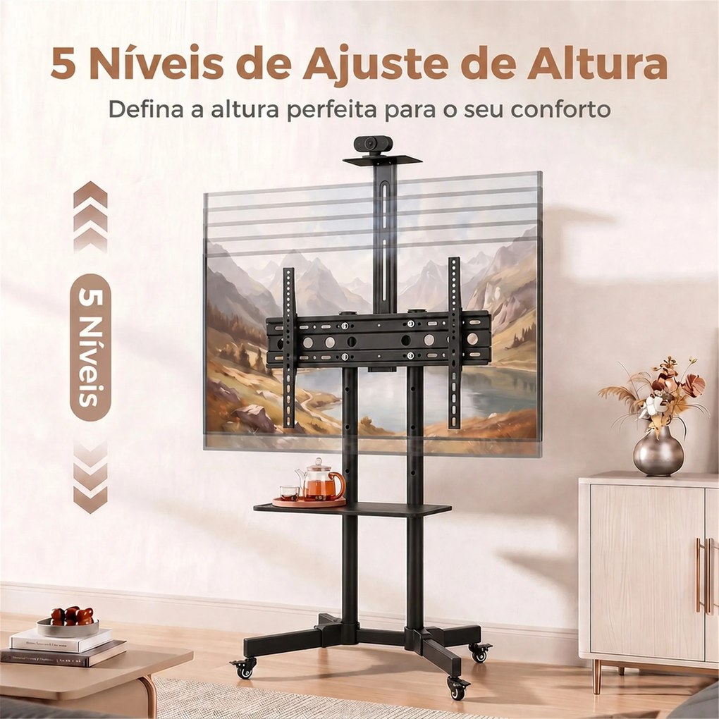 Suporte para TV com Rodas 32"-75" Altura Regulável Inclinação ±15° e 2 Prateleiras Preto