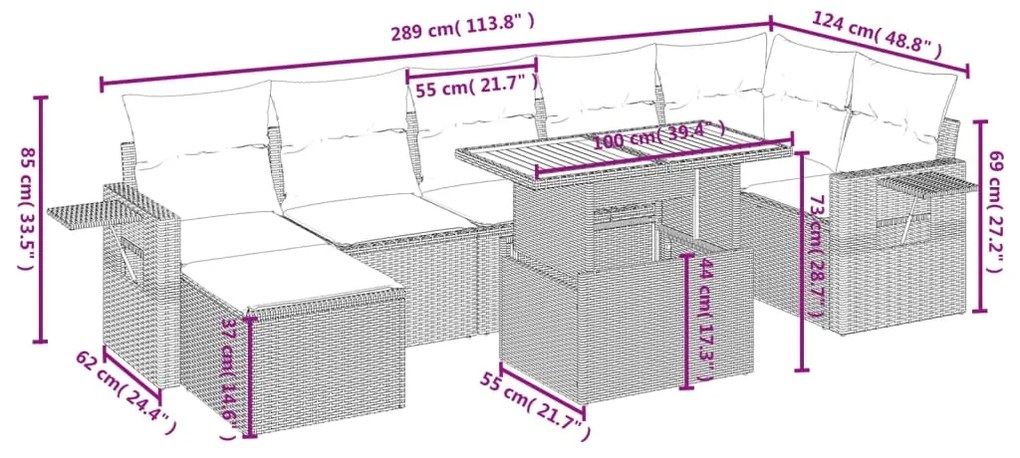 8 pcs conjunto sofás de jardim c/ almofadões vime PE cinzento