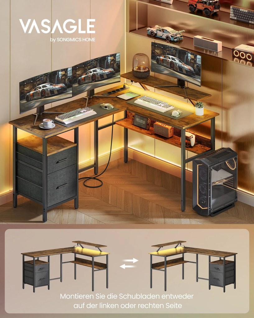 Secretária em forma de L com tomadas e Com iluminação LED castanho vintage