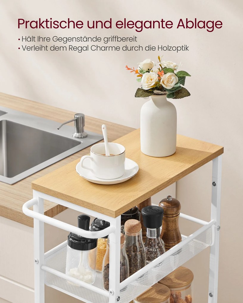 Carrinho cozinha com 5 níveis com rodas 22 x 45,4 x 99,6 cm Branco e cor carvalho