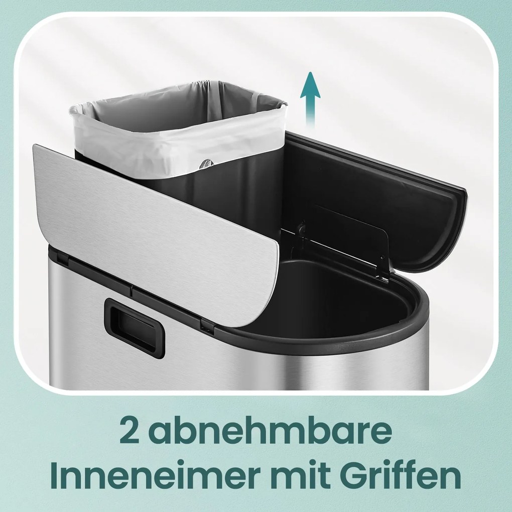 Caixote de lixo com 2 compartimentos 49 x 29 x 64 cm prateado