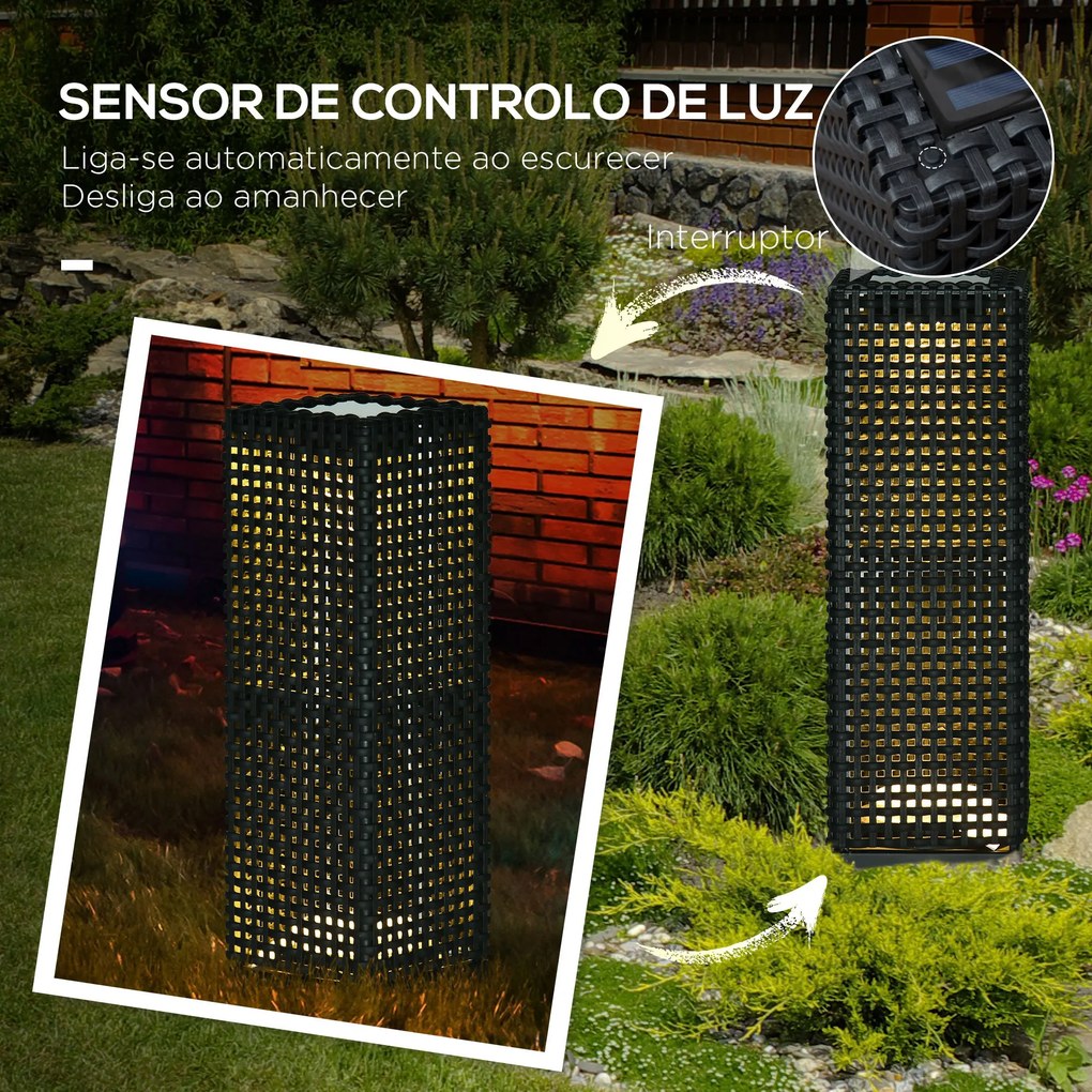 Candeeiro de Jardim Candeeiro Solar de Exterior com Luzes LED Controlo Automático para Varanda Pátio 15,5x15,5x47cm Preto