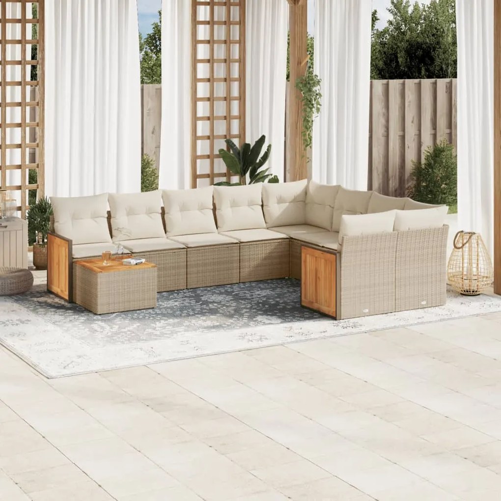 10 pcs conjunto de sofás p/ jardim com almofadões vime PE bege
