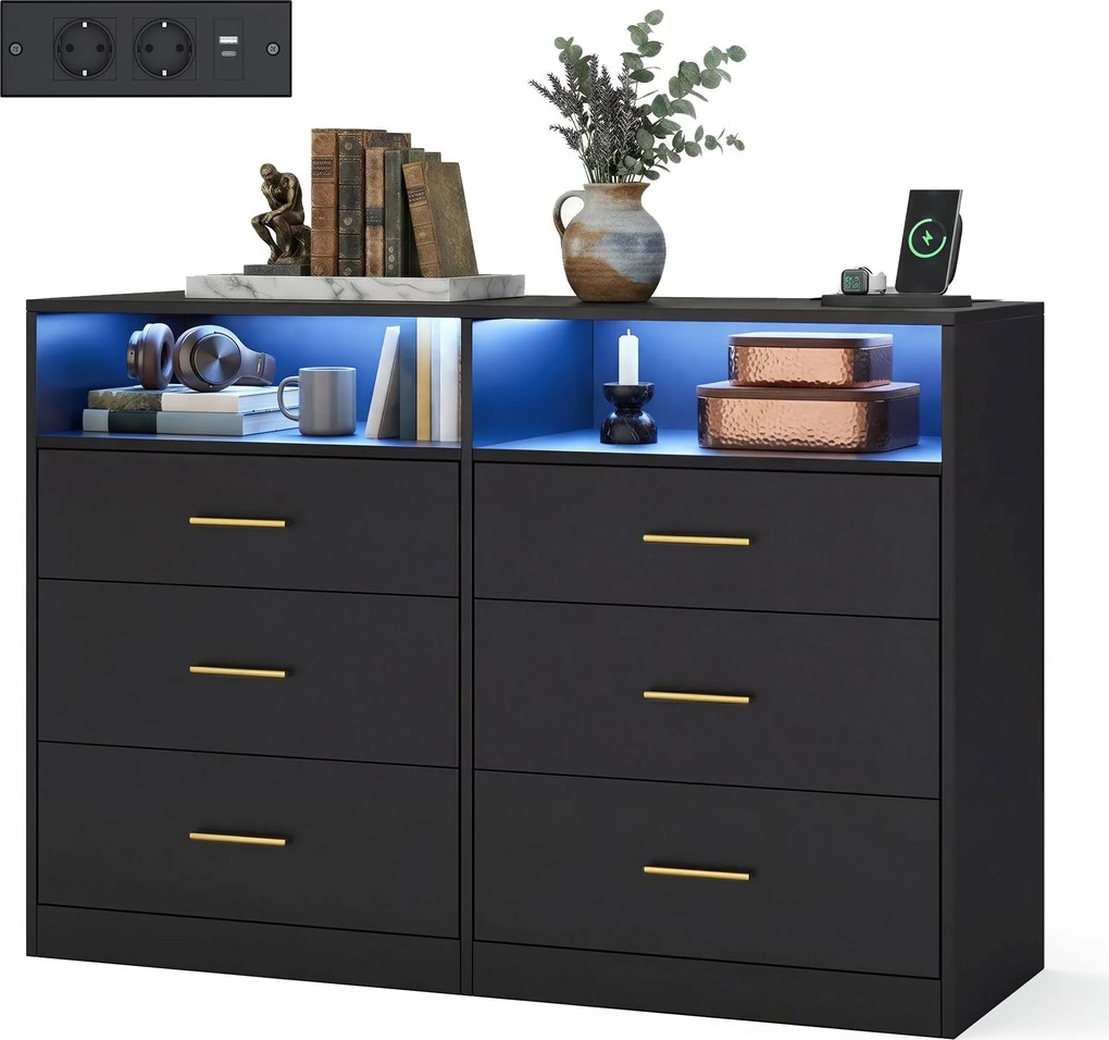 Cómoda com iluminação LED e base de carregamento 40 x 119 x 81,1 cm, 6 gavetas, moderna preta