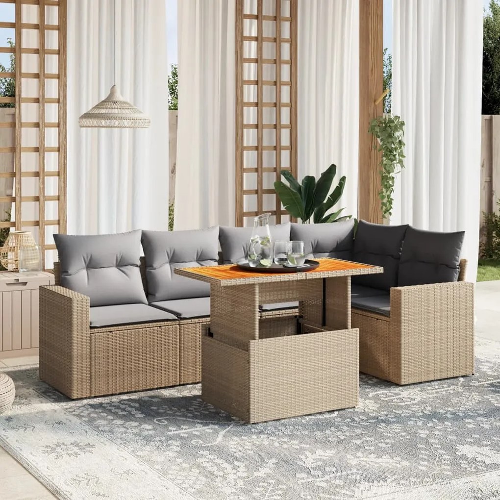 6 pcs conjunto de sofás p/ jardim com almofadões vime PE bege