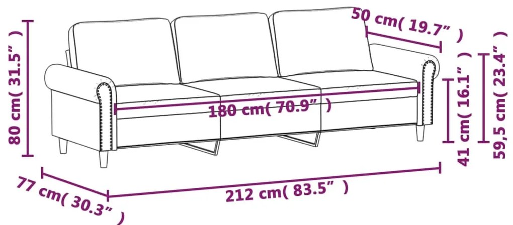 Sofá de 3 lugares 180 cm veludo preto
