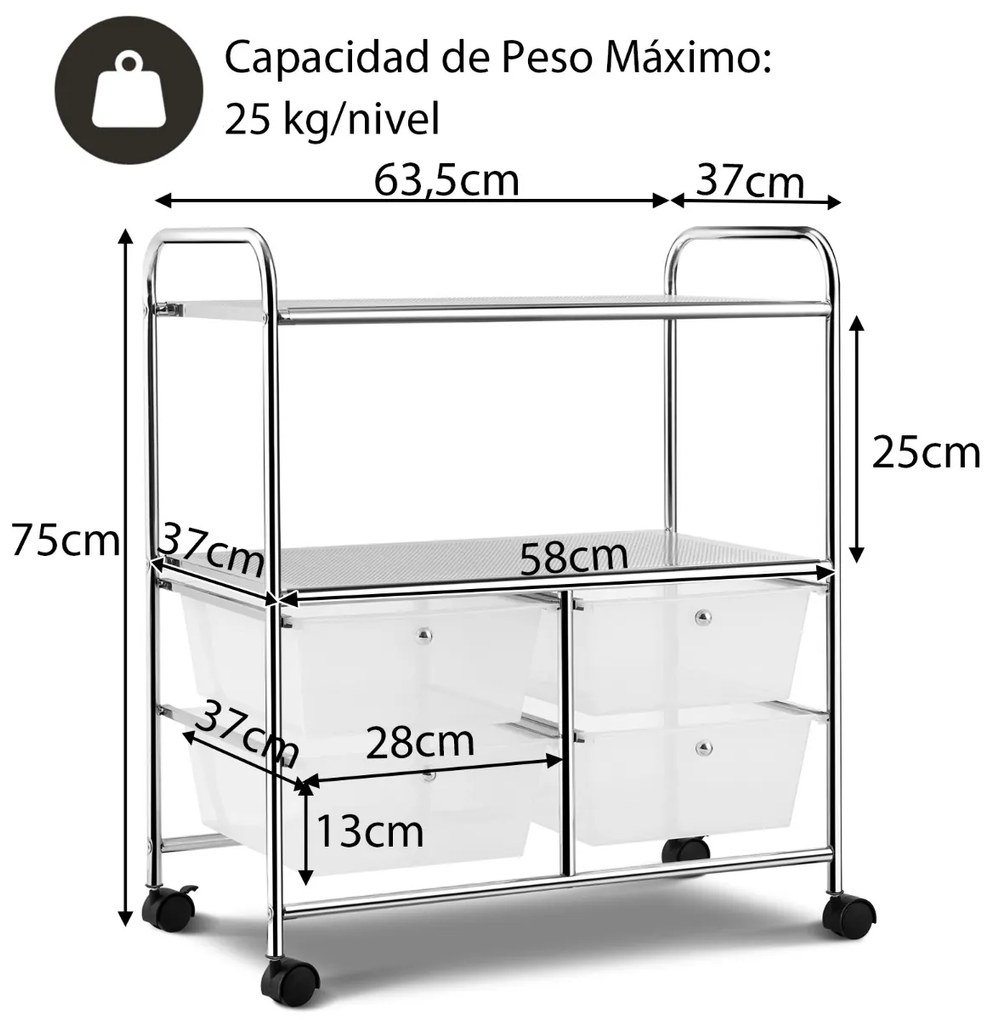 Carrinho Auxiliar com 4 Gavetas Empilháveis ​​e 2 Prateleiras Organizador de 4 Rodas multiusos 58,5 x 37 x 75 cm Transparente