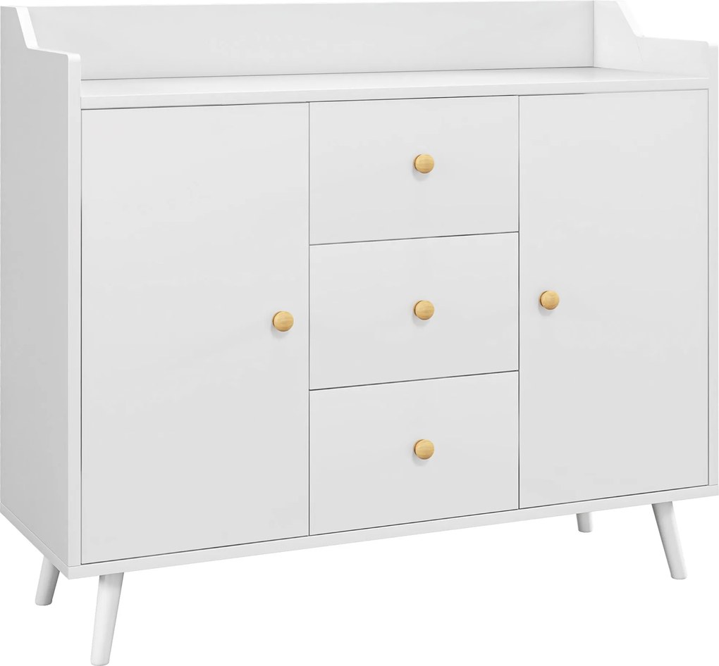 Aparador Sala de Estar Moderno com 2 Portas 3 Gavetas e Pés de Madeira de Pinho 90x32x80 cm Branco