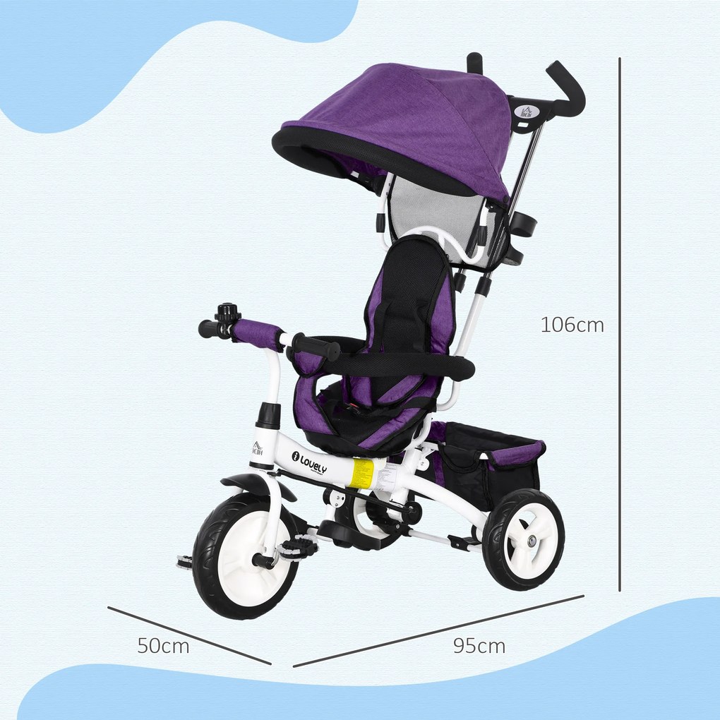 Triciclo Evolutivo para Bebés de +12 Meses 2 em 1 com Toldo Dobrável Guiador Cinto de Segurança e Cesto 95x50x106 cm Roxo