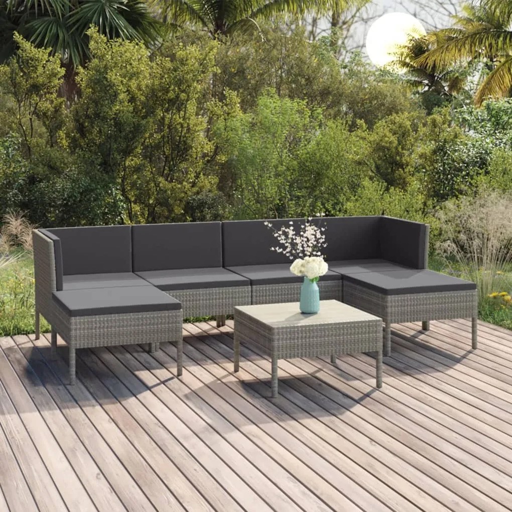 vidaXL 7 pcs conjunto lounge de jardim c/ almofadões vime PE cinzento