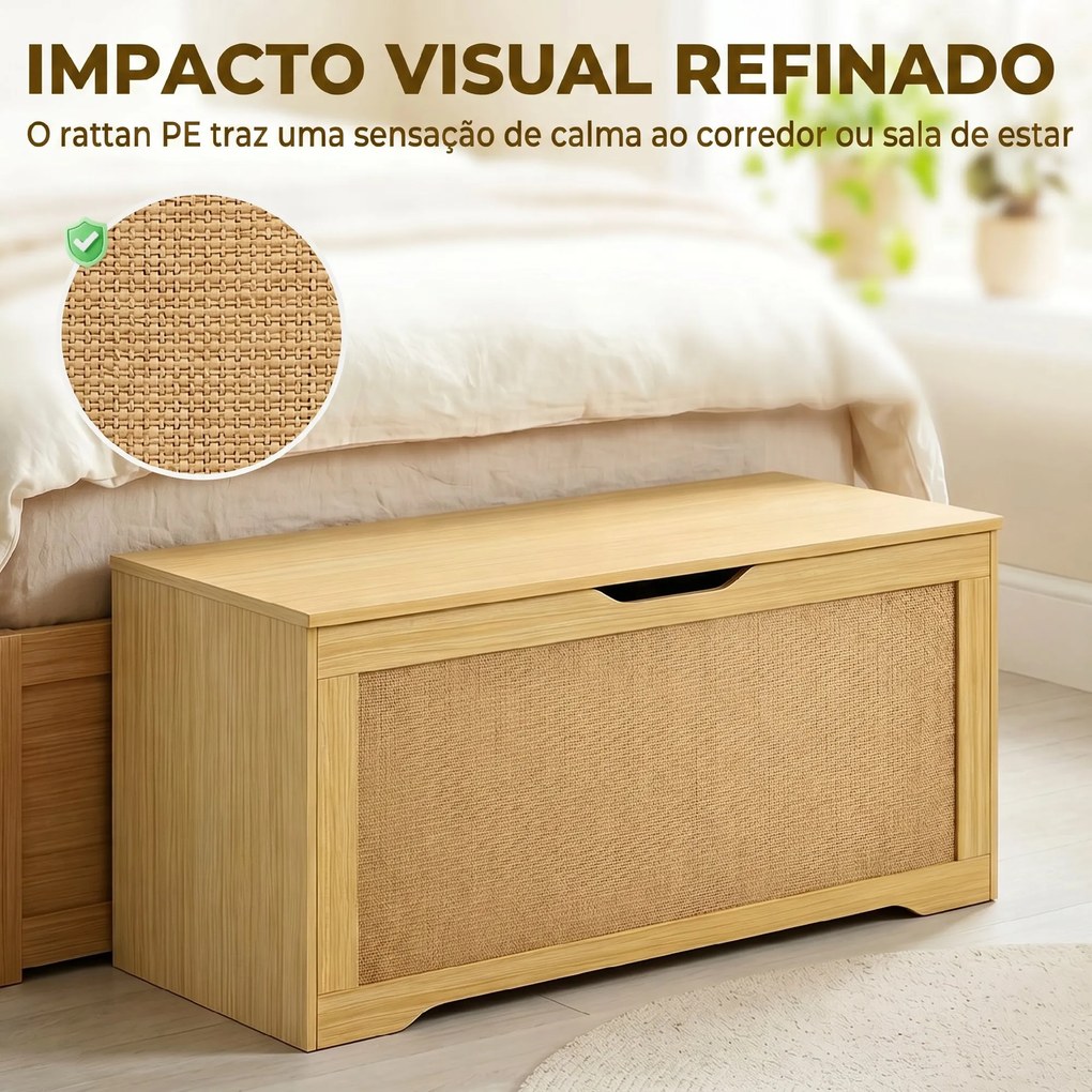 Baú de Arrumação 108 L com Painel de Ratã e Tampa com Braços de Apoio 80x40x45 cm Carvalho