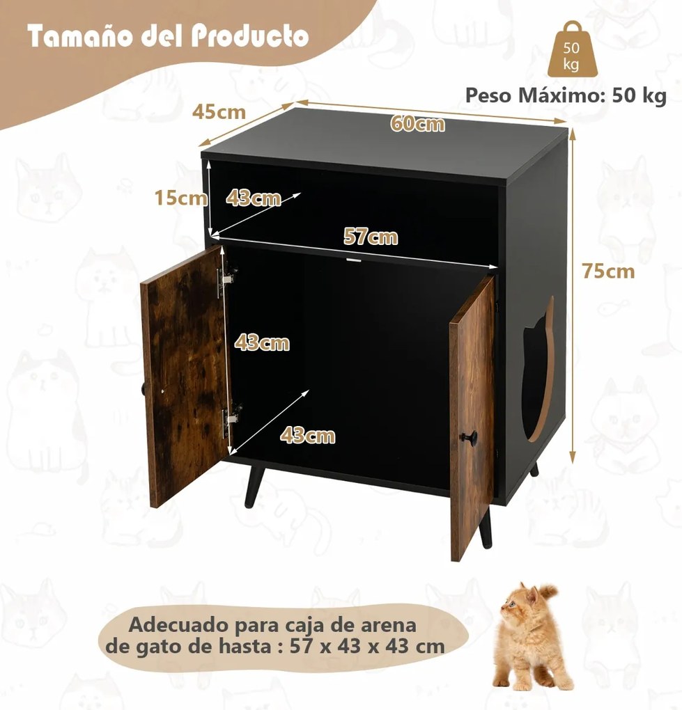 Móvel para a caixa de areia gatos moderno com compartimento aberto e entrada para gatos 60 x 45 x 75 cm Preto + Castanho