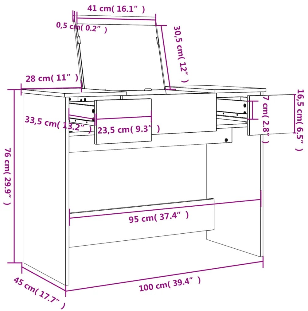 Toucador com espelho 100x45x76 cm cinzento cimento