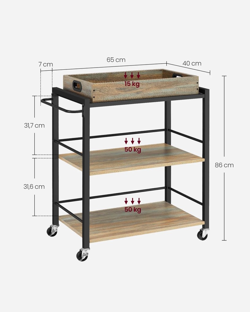 Carrinho de cozinha com pés reguláveis e Rodas 40 x 72 x 86 cm Preto, castanho e castanho-escuro