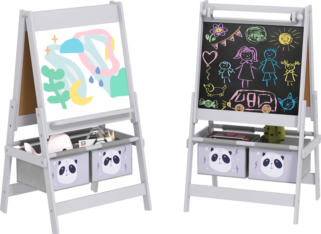 Quadro de cavalete infantil com ardósia de dupla face, quadro de giz, rolo de papel e 2 cestos, 54 x 46,5 x 93 cm, cinzento