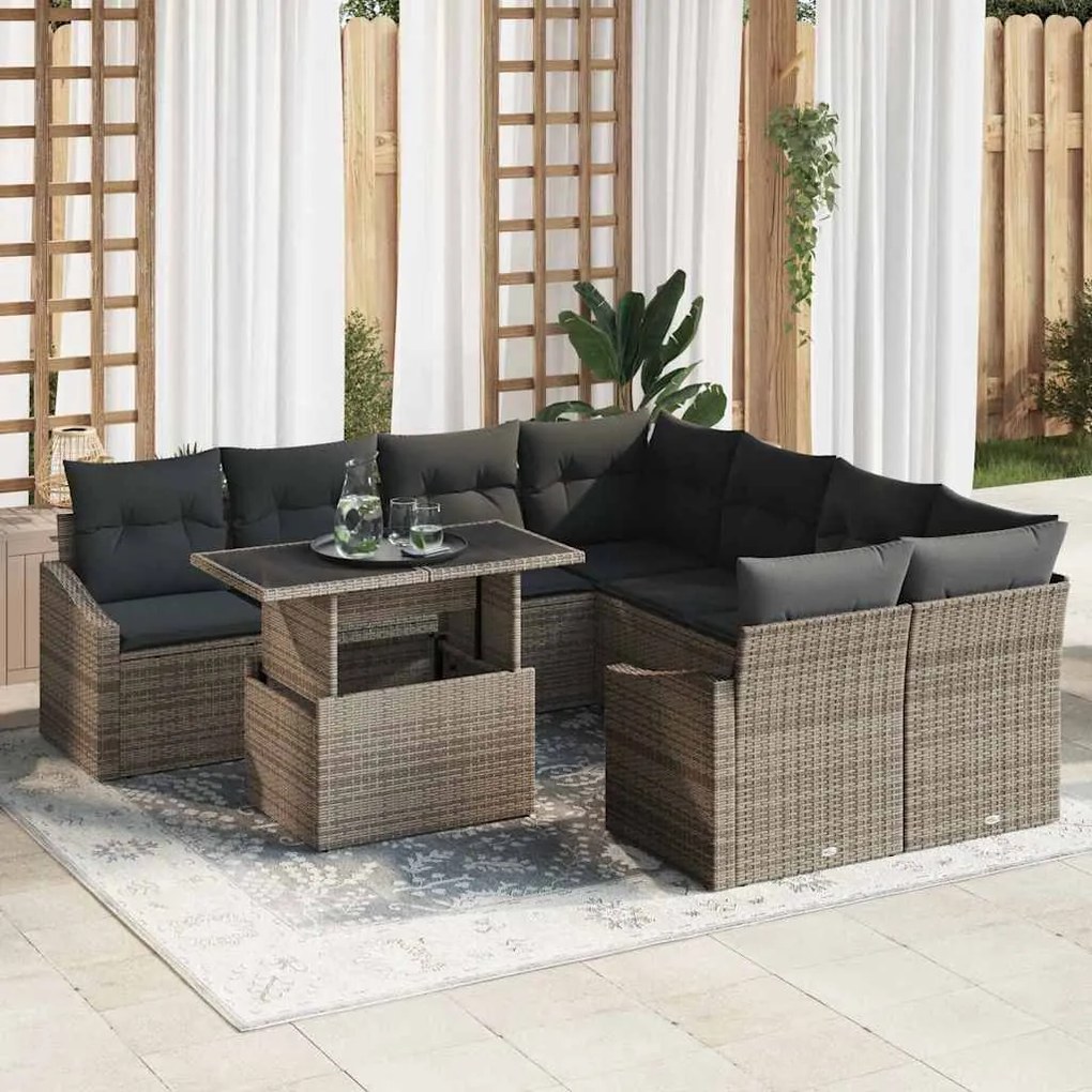 vidaXL Conjunto de Sofá de Jardim 9 pcs Cinzeto Rattan Sintético