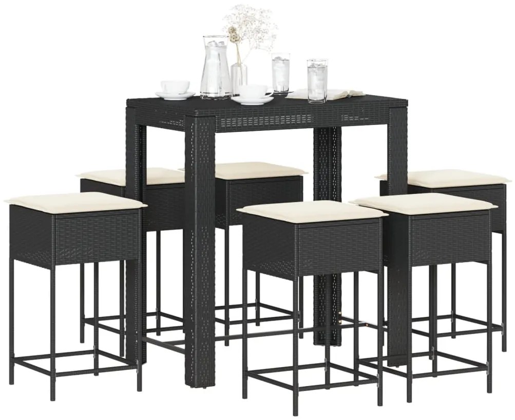 7 pcs conjunto de bar para jardim c/ almofadões vime PE preto