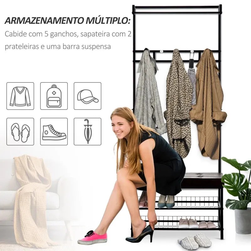 Conjunto Dalila - Sapateira, Banco Acolchoado e Cabide - Design Indust