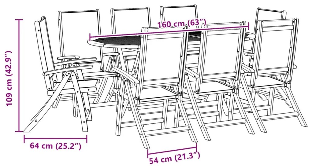 9 pcs conjunto de jantar para jardim acácia maciça e textilene