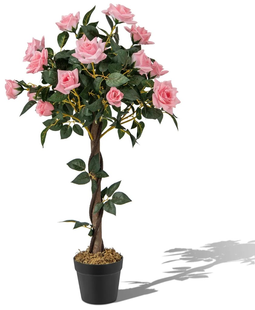 Árvore de flor artificial de 93 cm, planta floral falsa com rosas, tronco de madeira, interior e exterior, escritório e decoração de entrada, rosa