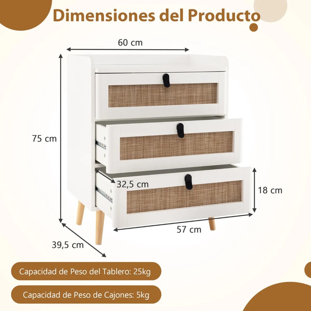 Mesa de cabeceira com 3 gavetas decoradas em rattan Pernas de madeira 60 x 40 x 75 cm Branco